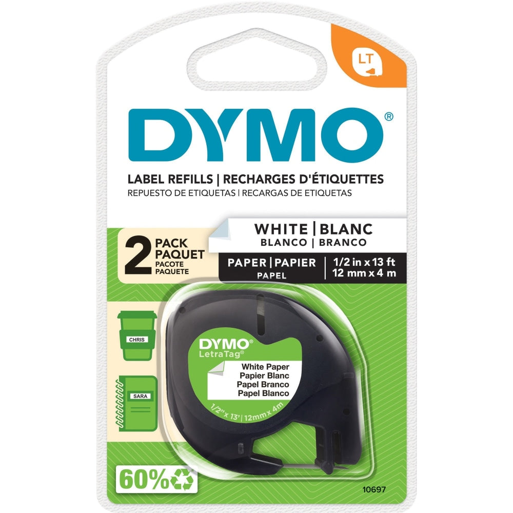 Dymo LetraTag Electronic Labelmaker Tape - 1/2in Width - Direct Thermal - White - Paper - 6 / Box - Easy Peel