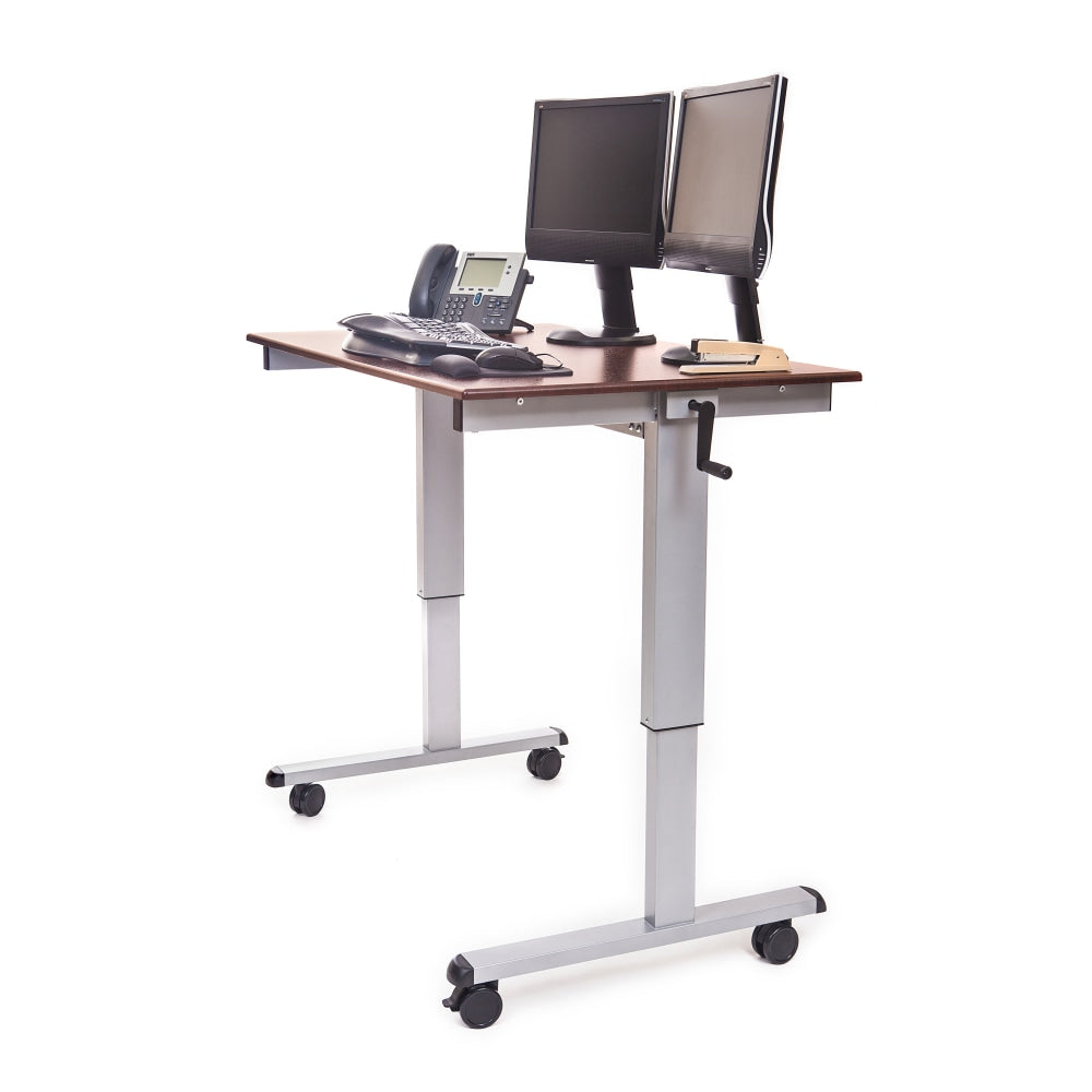 Luxor Crank 48inW Adjustable Stand Up Desk, Dark Walnut/Silver