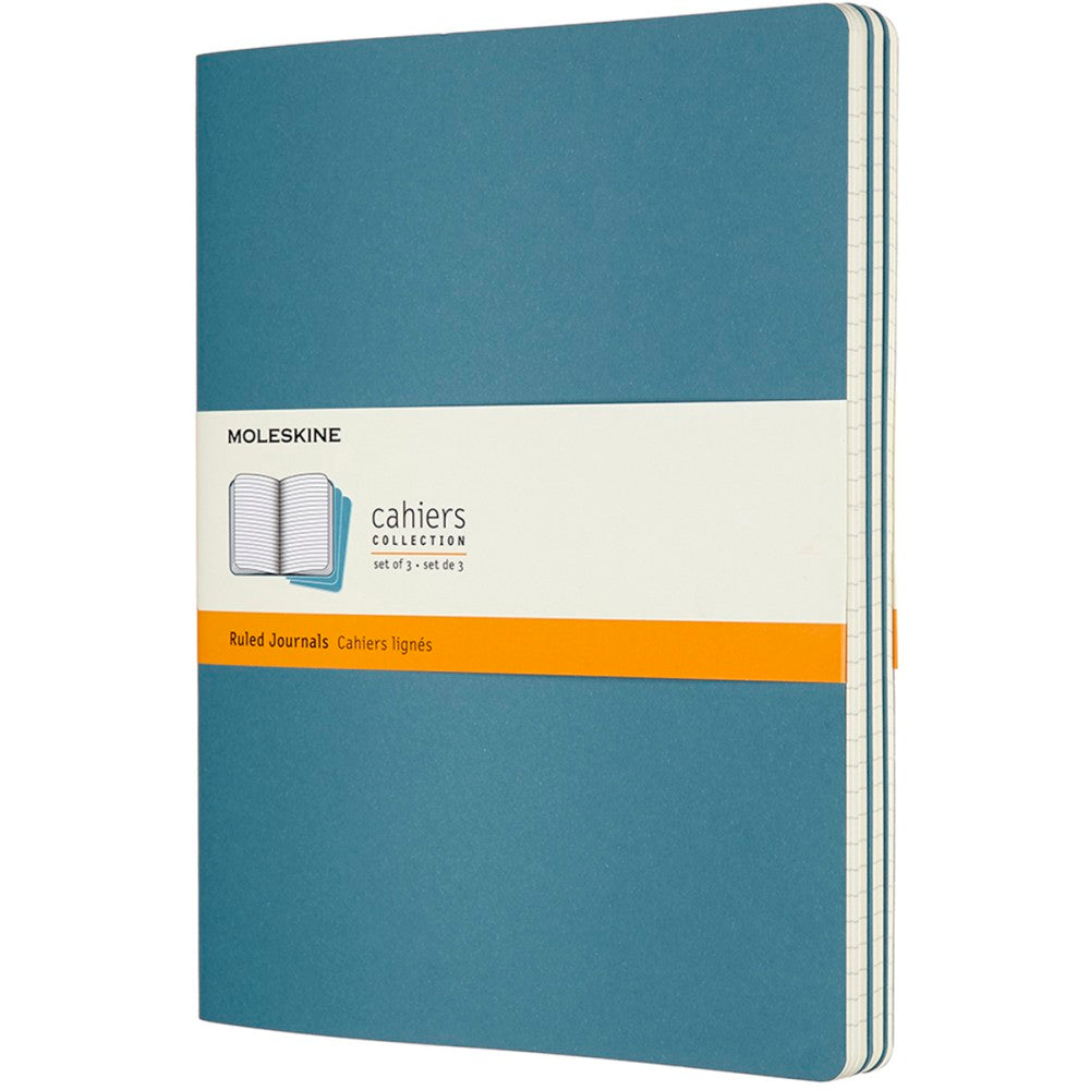 Moleskine Cahier Journals, Extra Large, 7.5in x 10in, Ruled, 120 Pages, Brisk Blue, Set Of 3 Journals