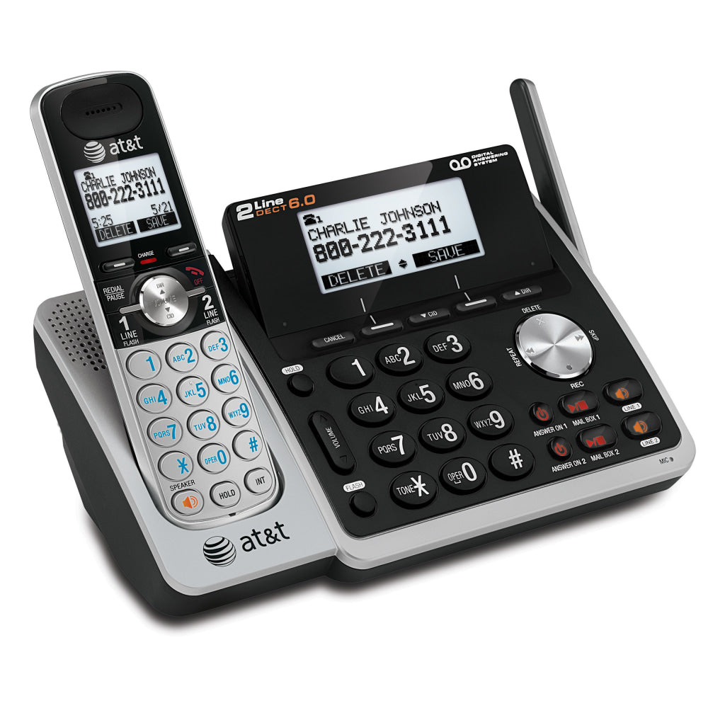 AT&T TL88102 DECT 6.0 Digital 2-Line Cordless Phone With Answering, Silver/Black