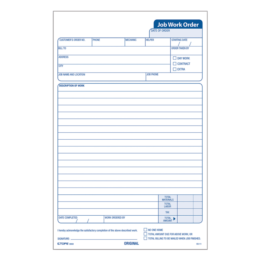 TOPS Triplicate Carbonless Job Work Orders, 5 1/2in x 8 1/2in, Pack Of 50 Forms