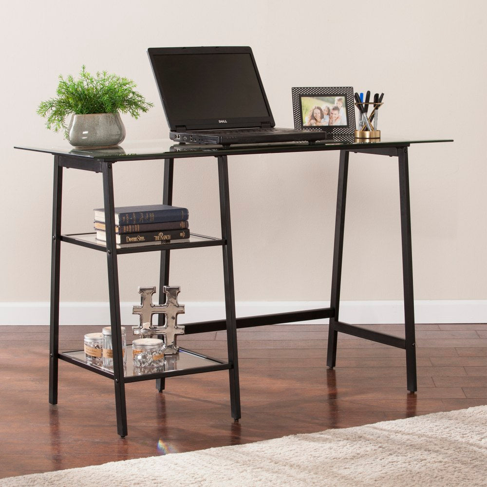 SEI Furniture Avery Metal Glass Sawhorse A-Frame 46inW Writing Desk, Black