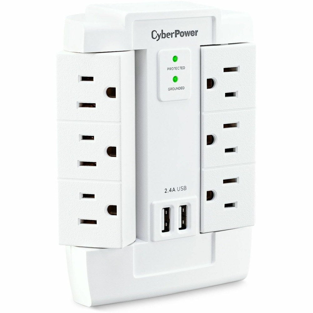 CyberPower CSP600WSURC2 6-Outlet Swivel Professional Surge Protector Wall Tap With 2 USB Ports, White