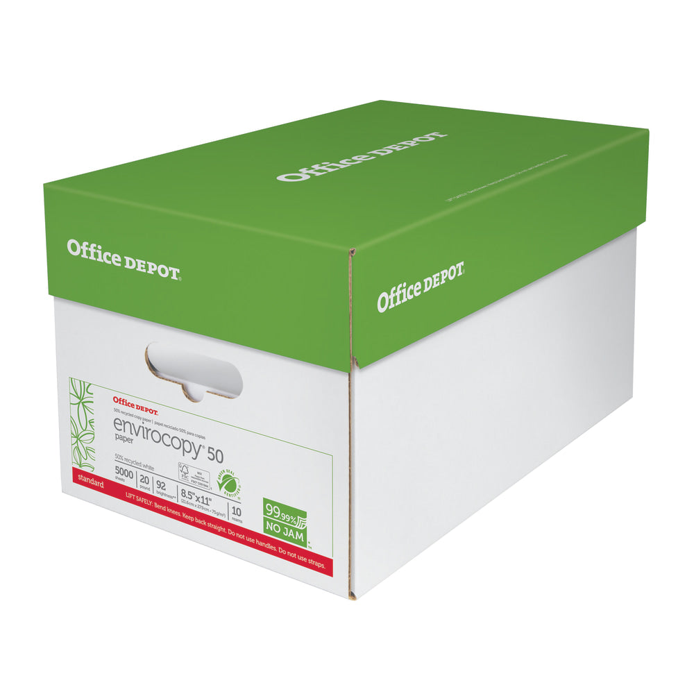 Office Depot EnviroCopy Copy Paper, White, Letter (8.5in x 11in), 5000 Sheets Per Case, 20 Lb, 50% Recycled, FSC Certified, Case Of 10 Reams