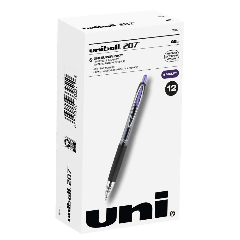 uni-ball 207 Retractable Fraud Prevention Gel Pens, Medium Point, 0.7 mm, Black Barrels, Purple Ink, Pack Of 12