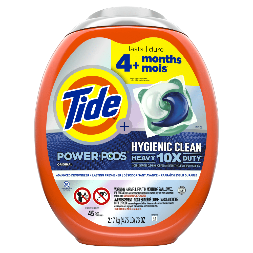 Tide Hygienic Clean Heavy 10x Duty Power PODS Laundry Detergent Pacs, Original, 76 Oz, Orange, Canister Of 45 Pacs