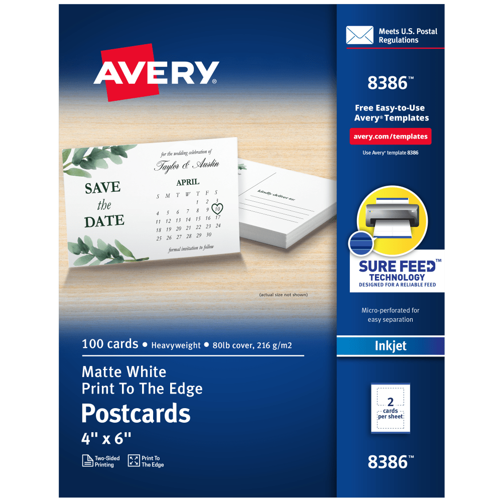 Avery Printable Postcards With Sure Feed Technology, 4in x 6in, Matte White, 100 Blank Postcards