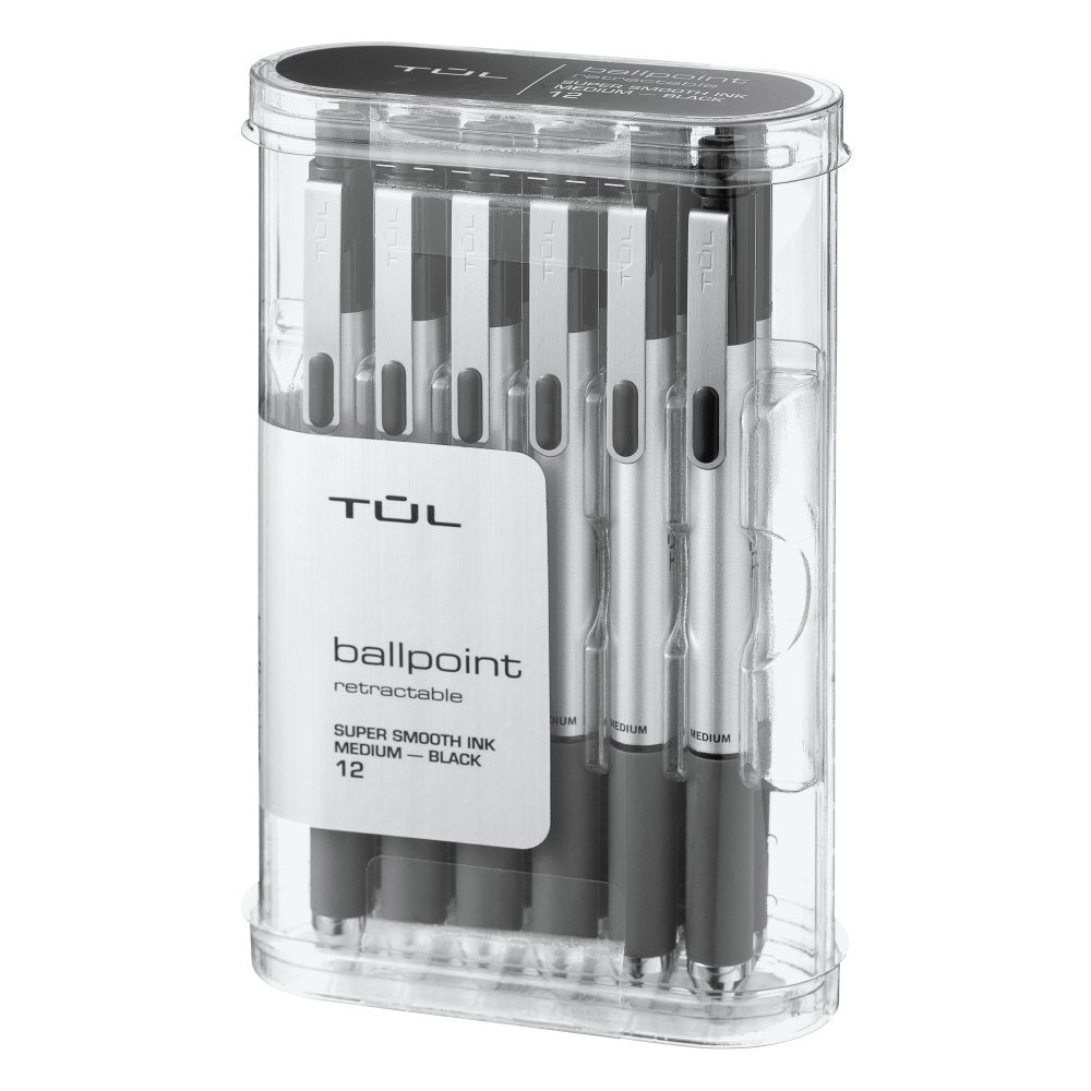 TUL BP Series Retractable Ballpoint Pens, Medium Point, 1.0 mm, Silver Barrel, Black Ink, Pack Of 12 Pens