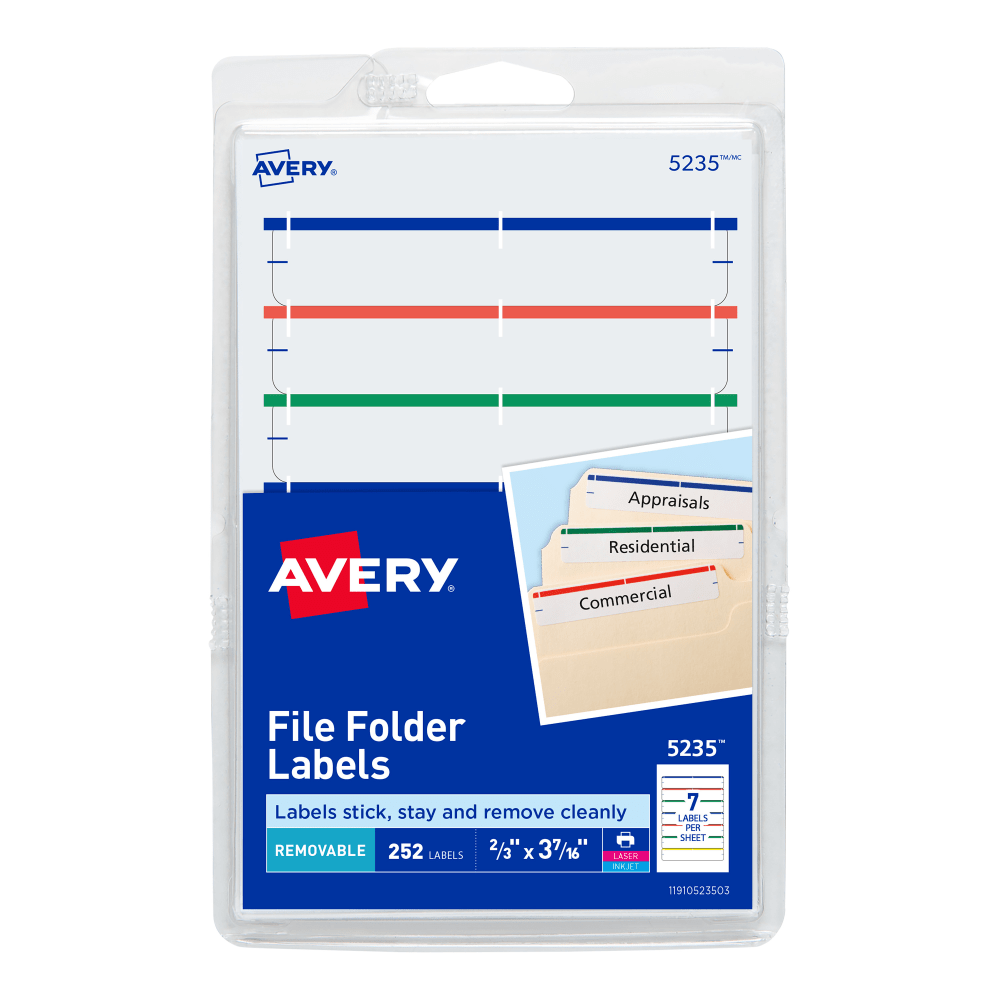 Avery Removable File Folder Labels On 4in x 6in Sheets, 5235, Rectangle, 2/3in x 3-7/16in, Assorted, Pack Of 252