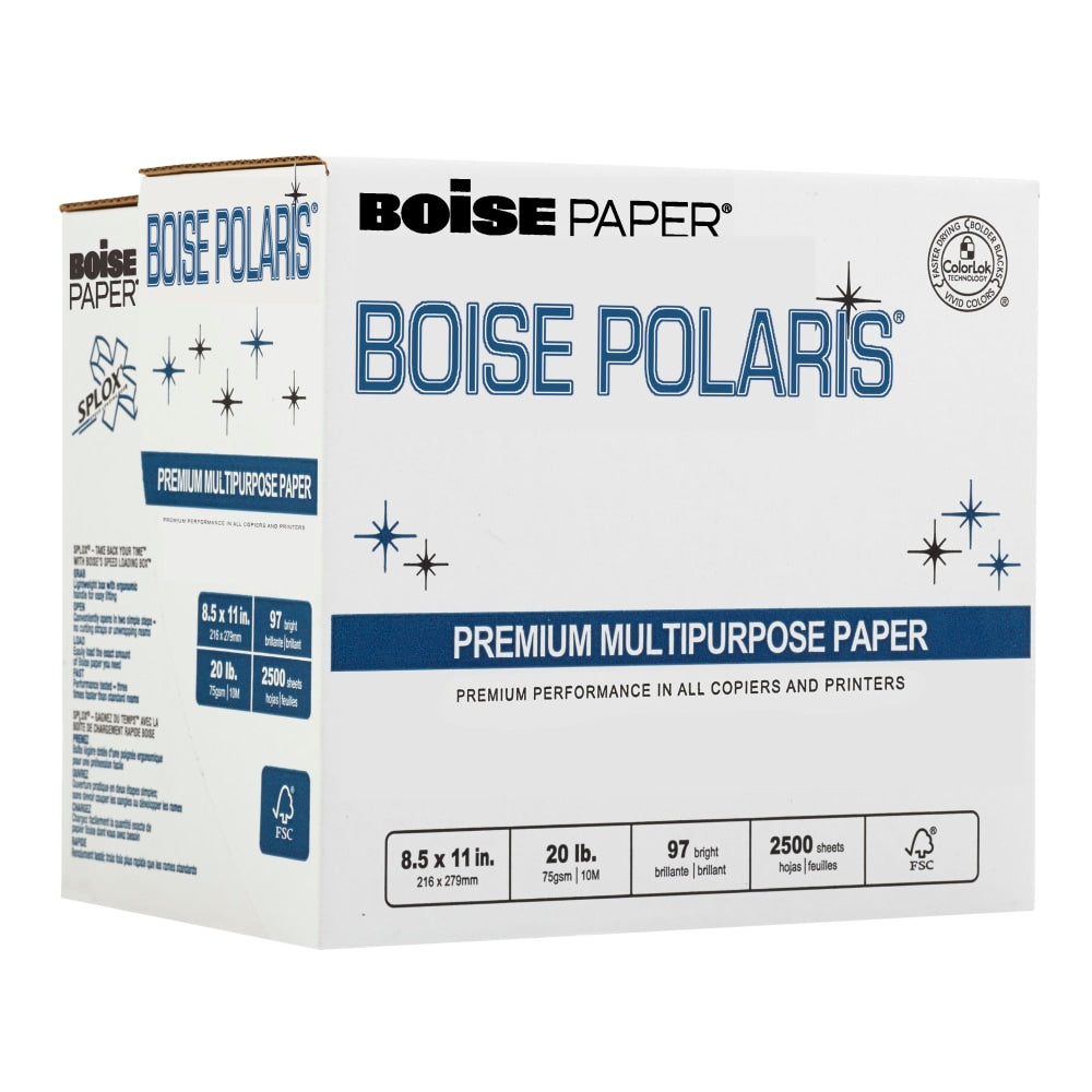 Boise SPLOX Speed-Loading Reamless Copy Paper, White, Letter (8.5in x 11in), 2500 Sheets Per Case, 20 Lb, 97 Brightness, FSC Certified, Case Of 5 Reams