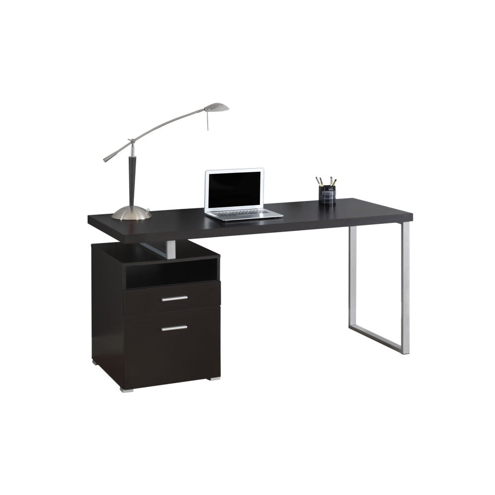 Monarch Specialties Contemporary 60inW Computer Desk With 2-Drawers And Open Shelf, Cappuccino/Silver