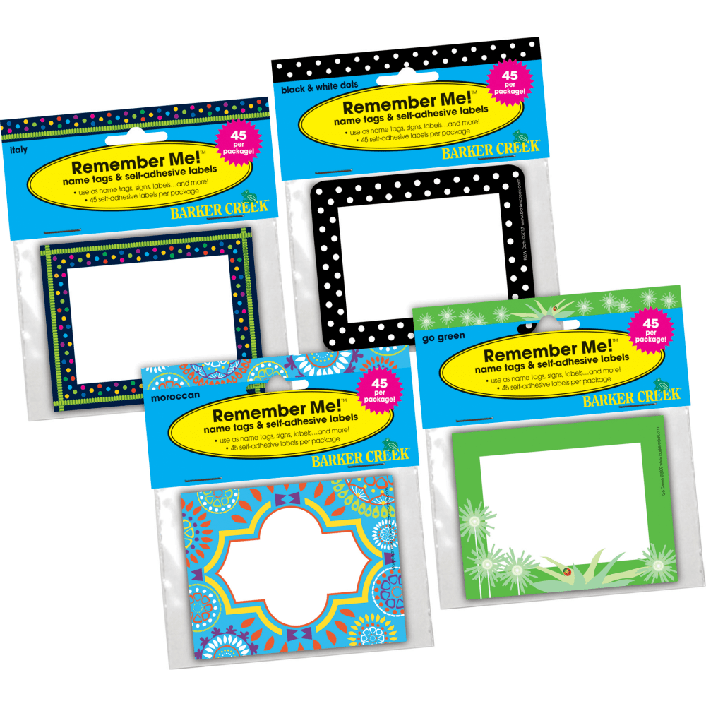 Barker Creek Name Tags, 2 -3/4" x 3 1/2", Italy/Go Green/Moroccan/Dot, 45 Name Tags Per Pack, Case Of 4 Packs