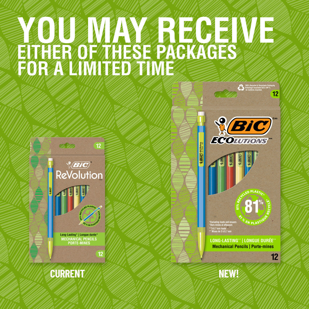 BIC Ecolutions #2 Mechanical Pencils, 0.7 mm, Medium Point, 65% Recycled, Assorted Barrel, Pack of 12 Pencils