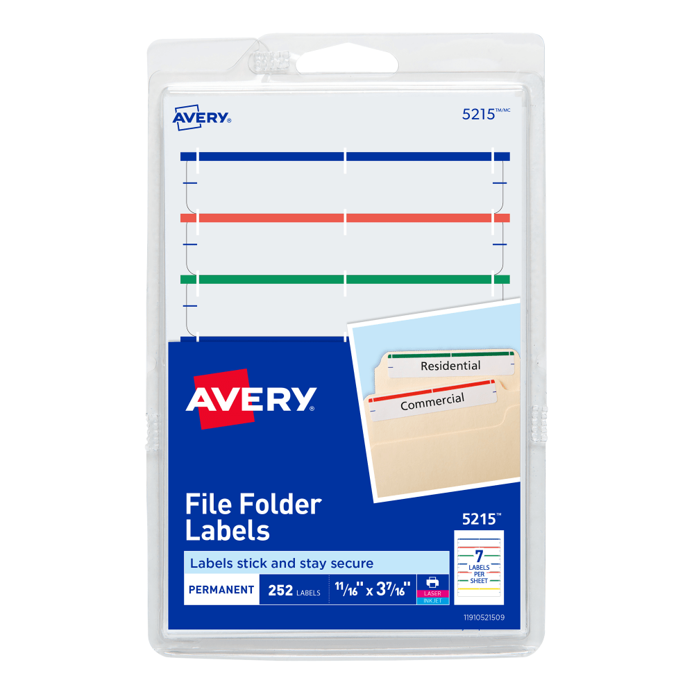 Avery File Folder Labels On 4in x 6in Sheet With Easy Peel, 5215, Rectangle, 2/3in x 3-7/16in, White With Assorted Color Bar (Dark Blue, Dark Red, Green, Yellow), Pack Of 252 Labels