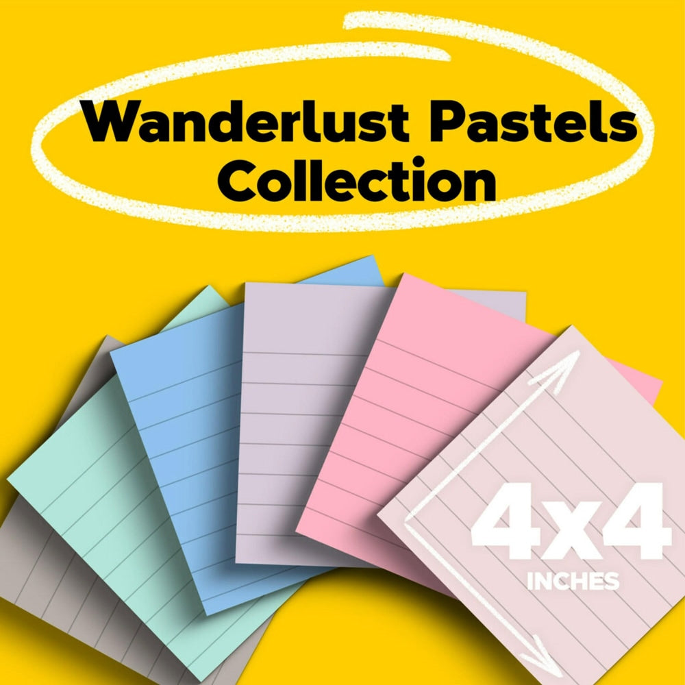 Post-it Paper Super Sticky Notes, 420 Total Notes, Pack Of 6 Pads, 4in x 4in, 100% Recycled, Wanderlust Pastels, 70 Sheets Per Pad