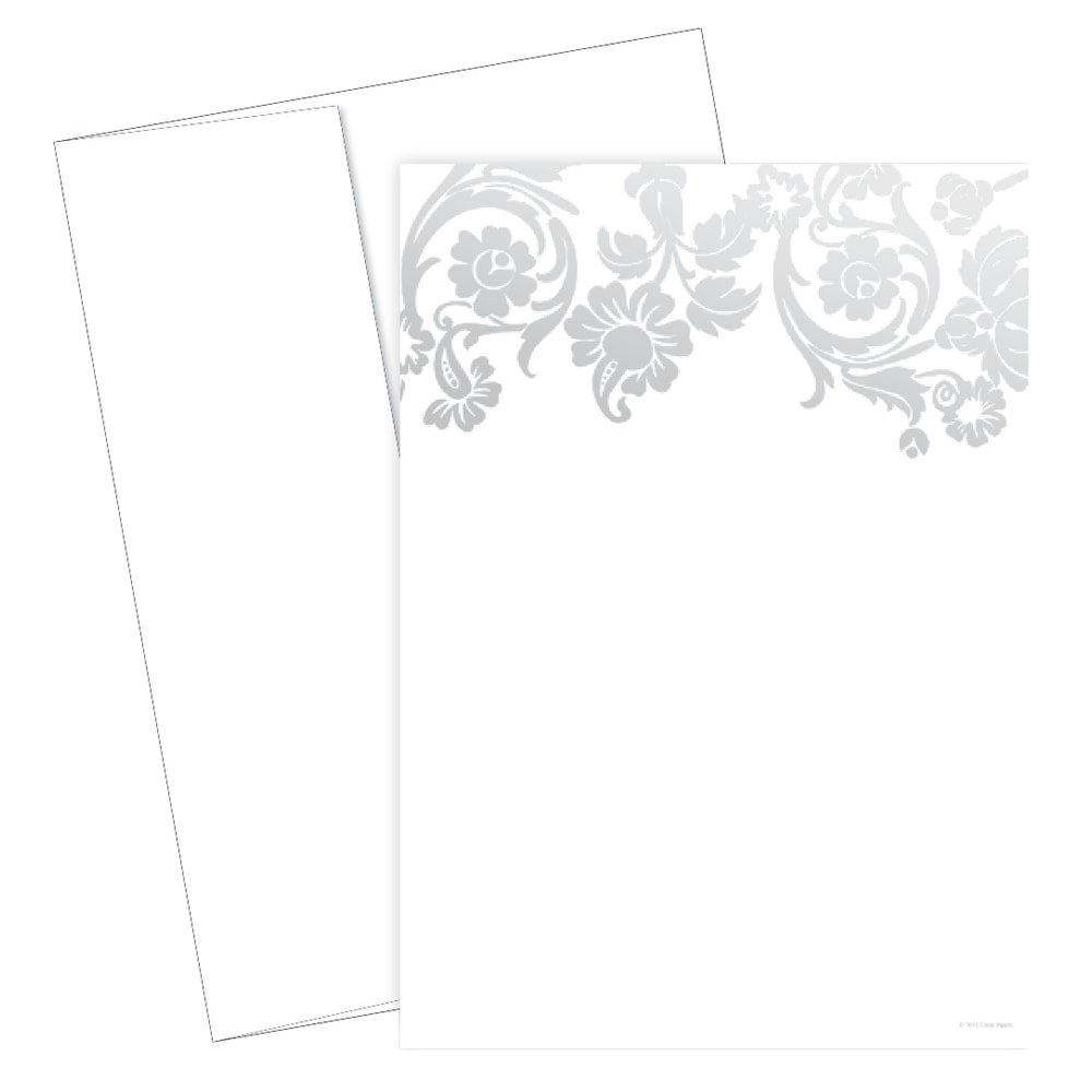 Great Papers! Flat Card Invitation, 5 1/2in x 7 3/4in, 127 Lb, Foil Damask, Silver/White, Pack Of 20