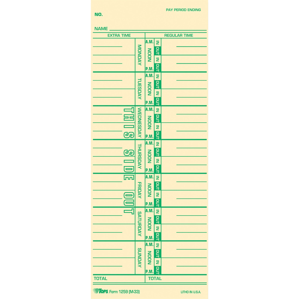 TOPS Named Days Time Cards - 3 1/2in x 9in Sheet Size - Manila Sheet(s) - Green Print Color - 100 / Pack