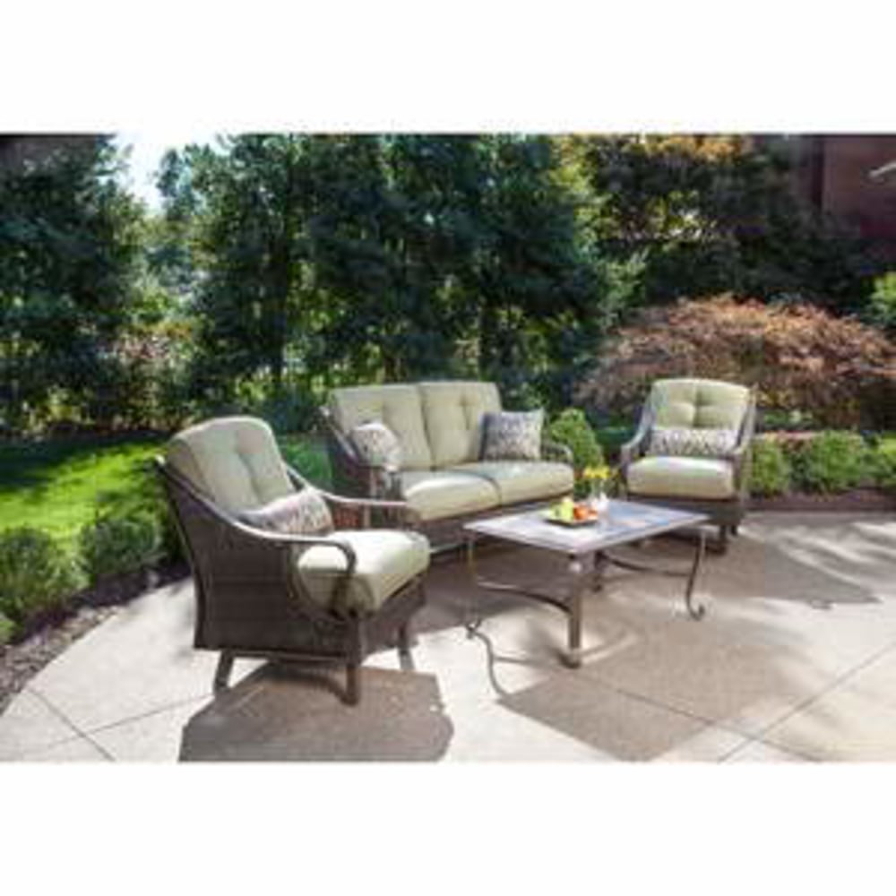 Hanover Ventura 4-Piece Seating Set in Vintage Meadow - VENTURA4PC - 49in x 31in x 35.5in Loveseat, 32in x 26.5in x 34in Chair, 35.5in x 25in x 18.5in Coffee Table - Material: Woven, Olefin, Steel Frame, Aluminum Frame, Plush Cushion, Tile Upholstery