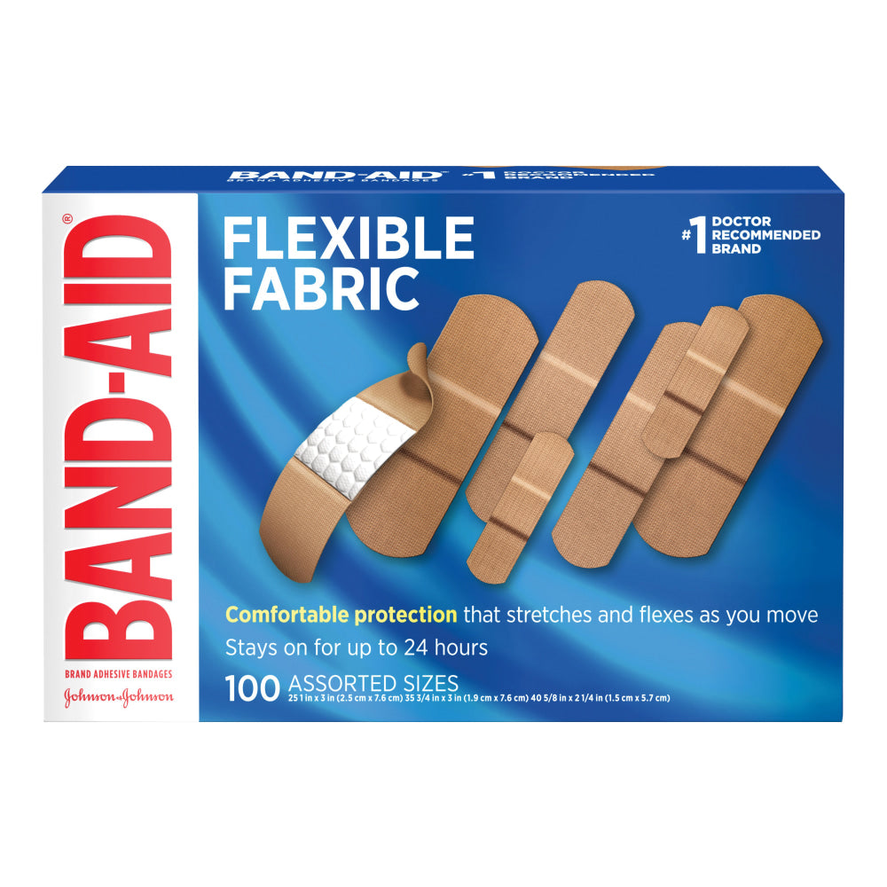 Band-Aid Brand Flexible Fabric Adhesive Bandages, Assorted, Box of 100 Bandages