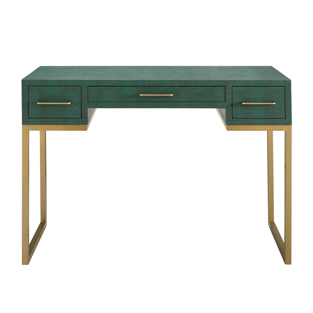 SEI Furniture Carabelle 2-Drawer Faux Alligator 43inW Writing Desk With Keyboard Tray, Emerald/Gold