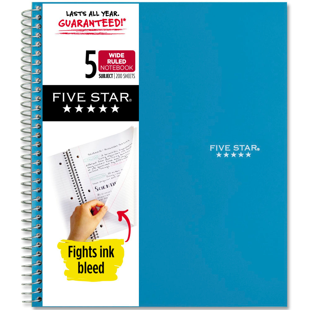 Five Star Wirebound Notebook, 8in x 10-1/2in, 5 Subject, Wide Ruled, 200 Sheets, Tidewater Blue