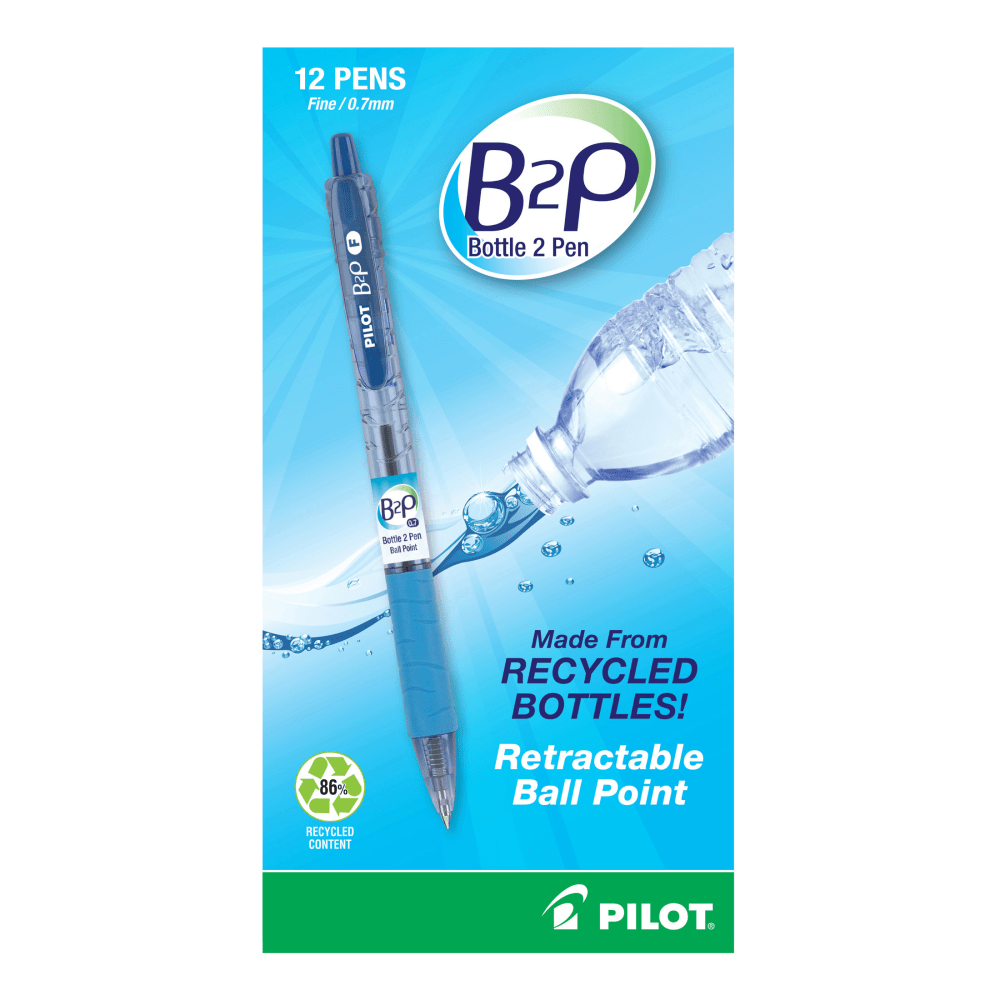 Pilot Bottle To Pen B2P Retractable Ballpoint Pens, Fine Point, 0.7 mm, Blue Ink, Pack Of 12 Pens