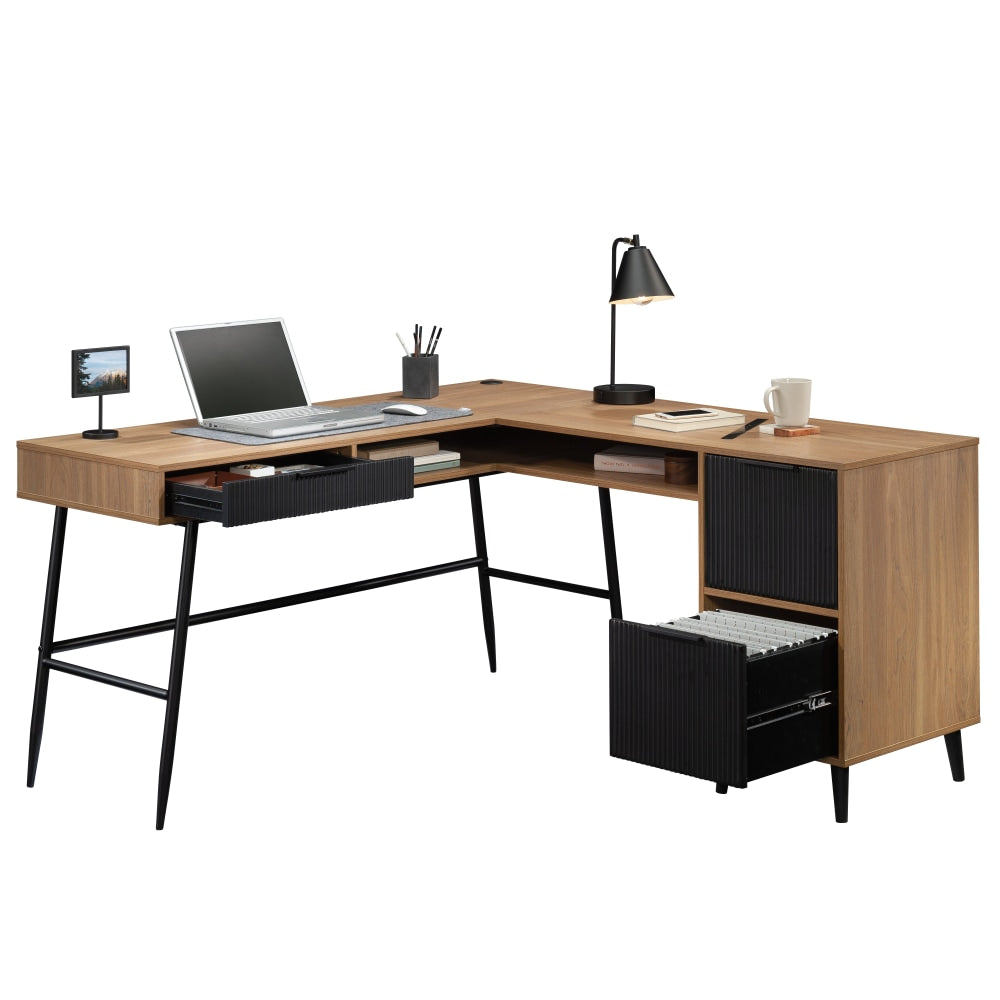 Sauder Ambleside Modern 59inW L-Computer Desk With Filing Drawers And Storage Drawer, Serene Walnut/Black