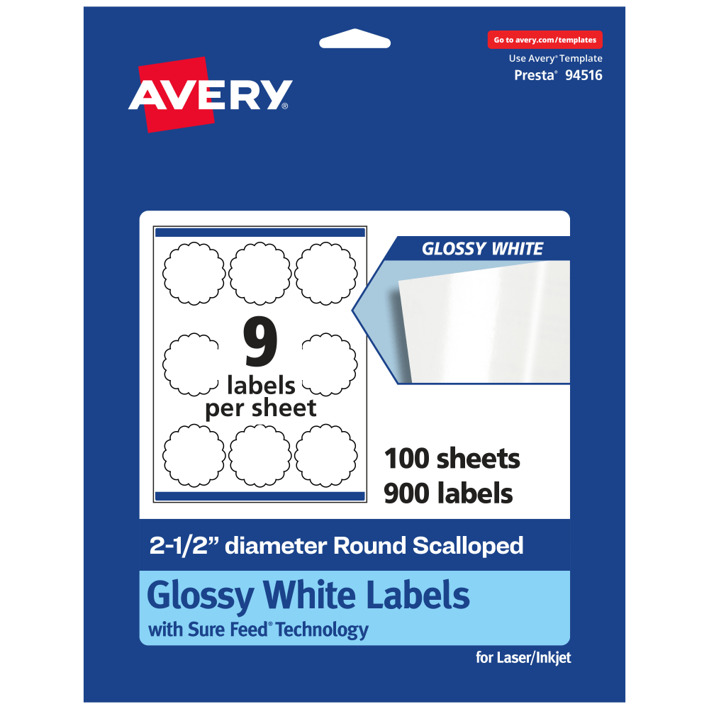 Avery Glossy Permanent Labels With Sure Feed, 94516-WGP100, Round Scalloped, 2-1/2in Diameter, White, Pack Of 900