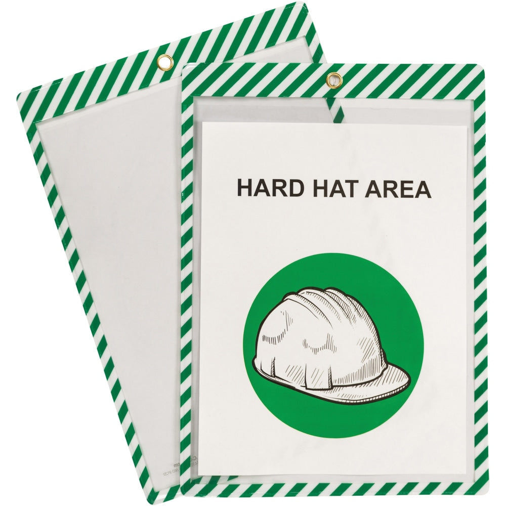 C-Line Safety Striped Shop Ticket Holders - 0.1in x 9.8in x 13.6in - Vinyl - 25 / Box - White, Green