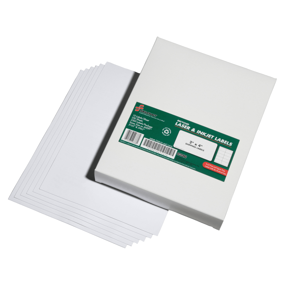 SKILCRAFT 100% Recycled Inkjet/Laser Address Labels, Rectangle, 2in x 4in, White, Box Of 2500 (AbilityOne 7530-01-647-1413)