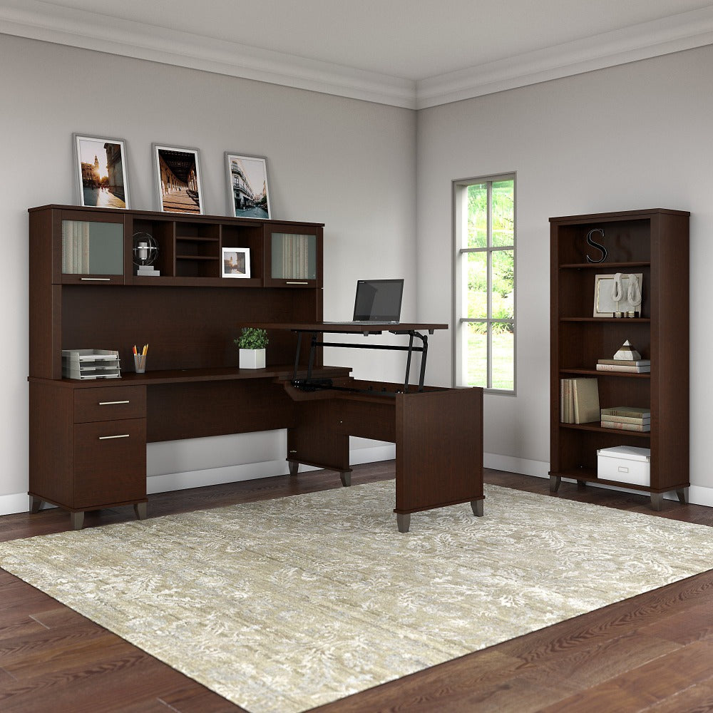 Bush Furniture Somerset 72inW 3 Position Sit to Stand L Shaped Desk With Hutch And Bookcase, Mocha Cherry, Standard Delivery