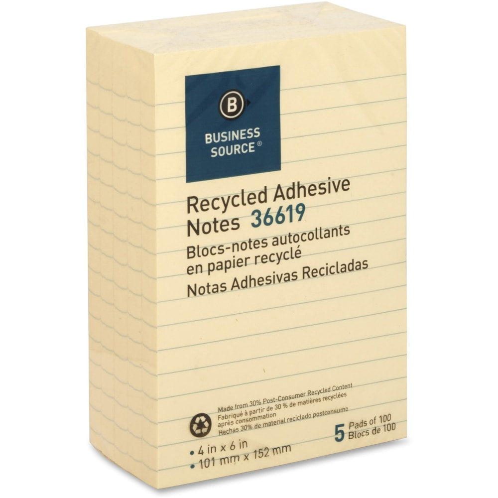 Business Source Yellow Adhesive Notes - 4in x 6in - Rectangle - Ruled - Yellow - Self-adhesive, Removable - 5 / Pack - Recycled