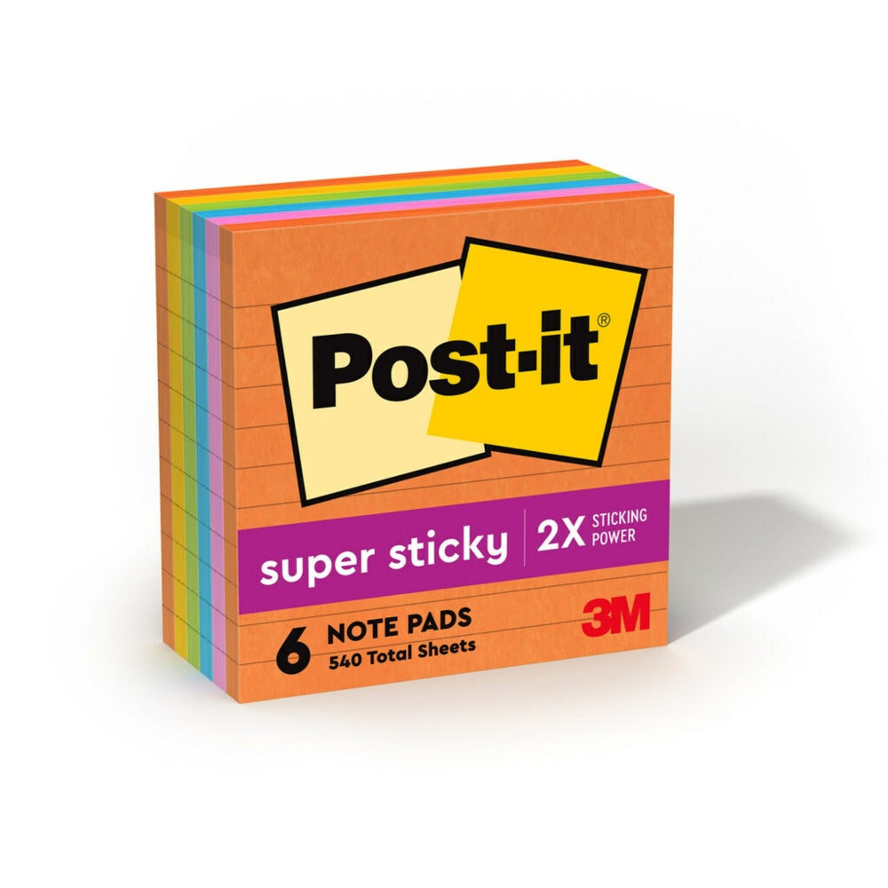 Post-it Super Sticky Notes, 4 in x 4 in, 6 Pads, 90 Sheets/Pad, 2x the Sticking Power, Energy Boost Collection, Lined