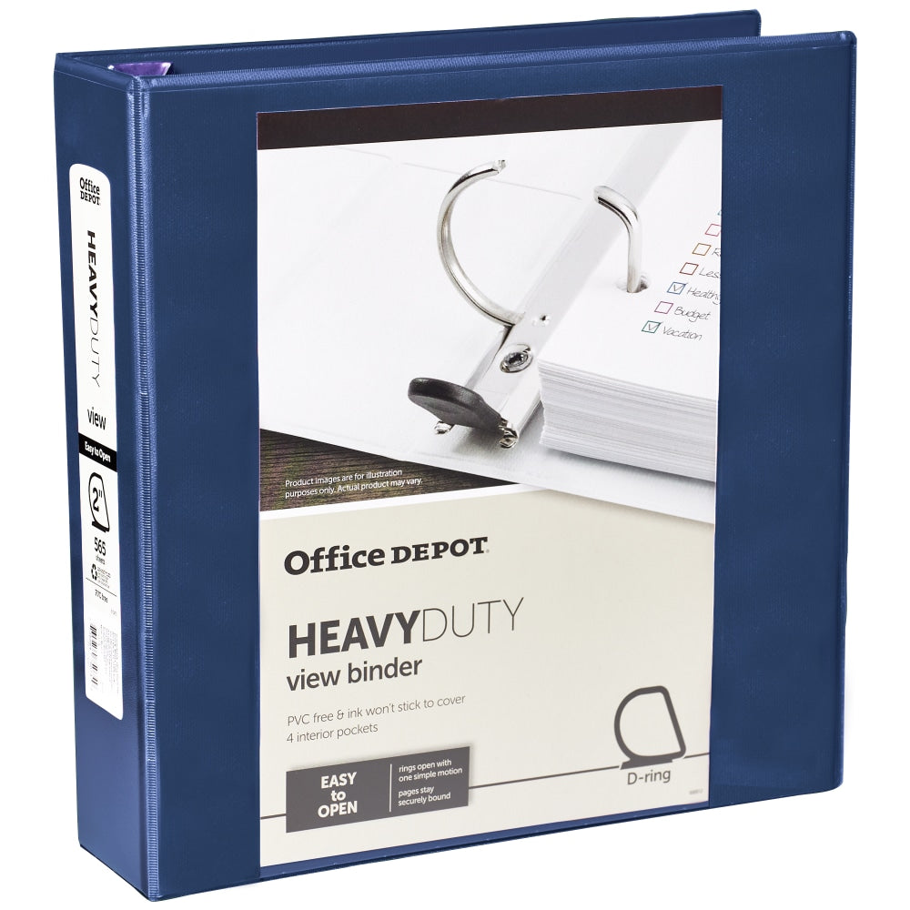 Office Depot Heavy-Duty View 3-Ring Binder, 2in D-Rings, 49% Recycled, Navy