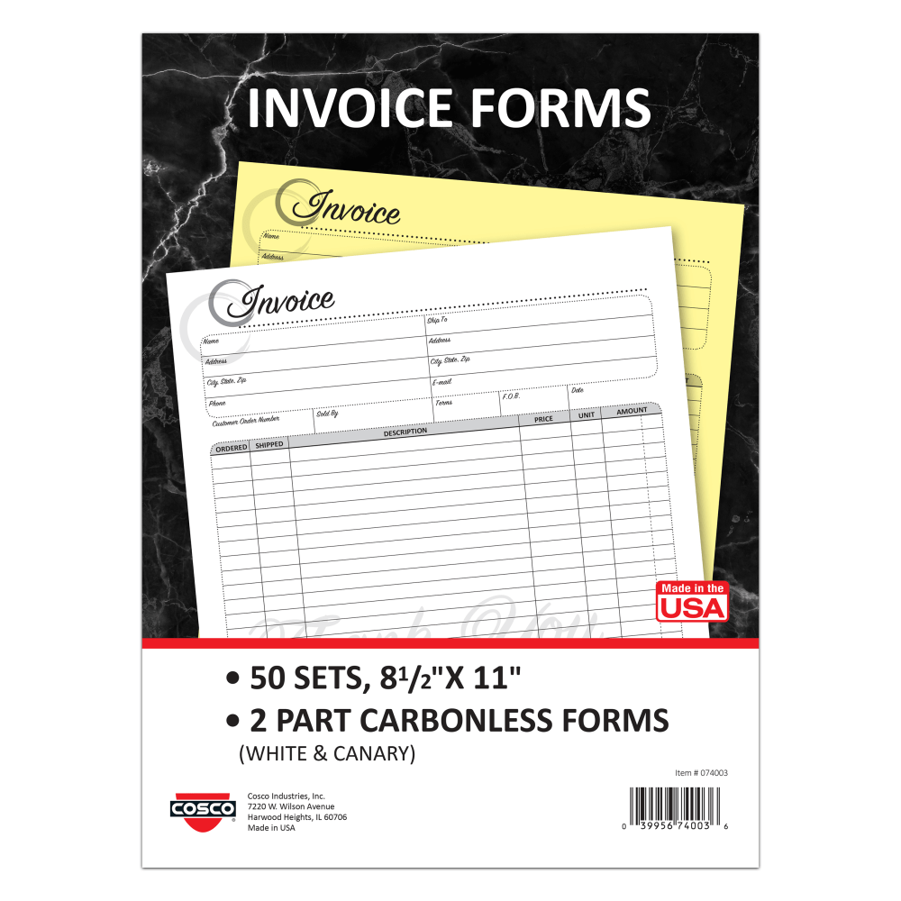 COSCO Invoice Form Book With Slip, 2-Part Carbonless, 8-1/2in x 11in, Artistic, Book Of 50 Sets