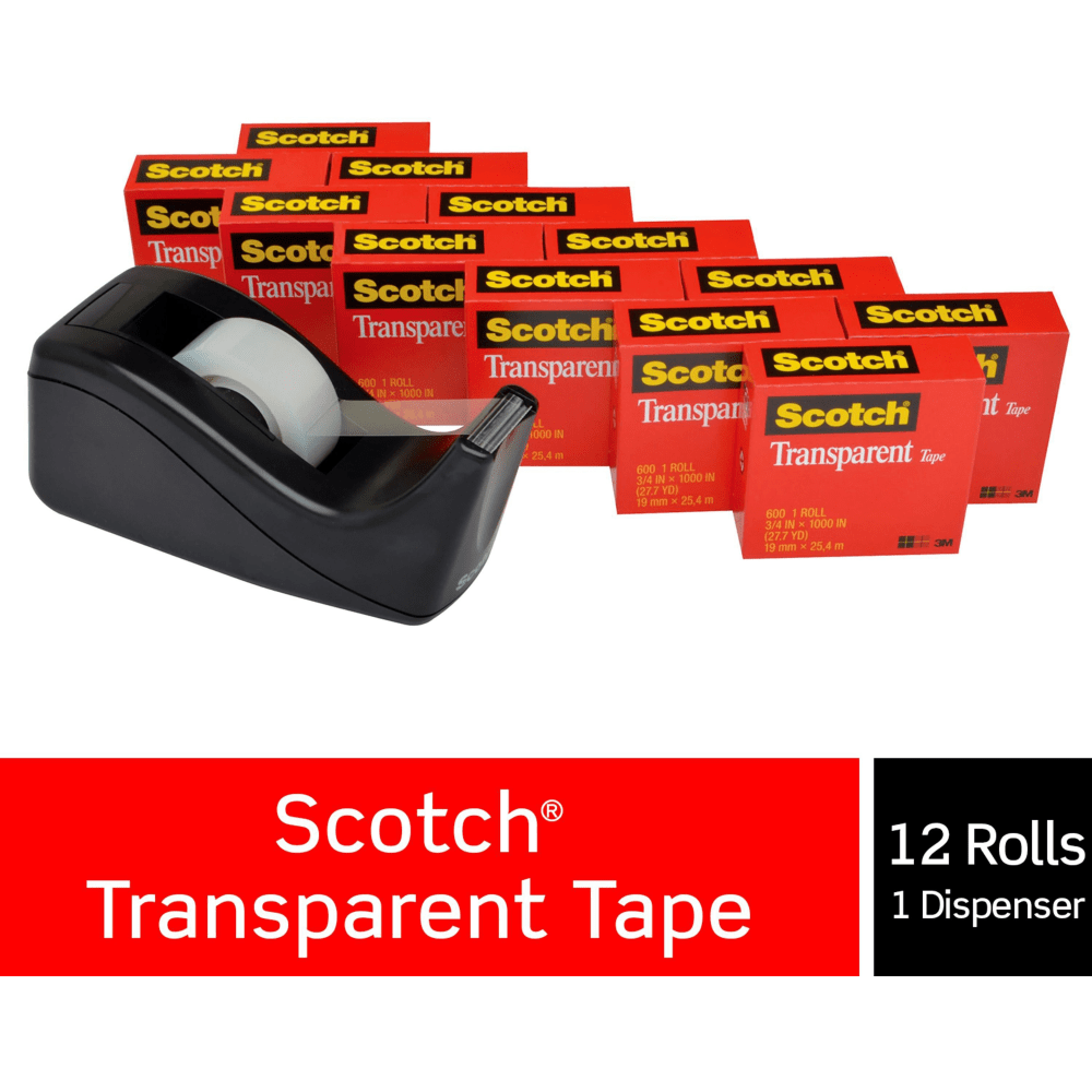 Scotch Transparent Tape with Dispenser, 3/4 in x 1000 in, 12 Tape Rolls, 1 Tape Dispenser, Home Office and School Supplies