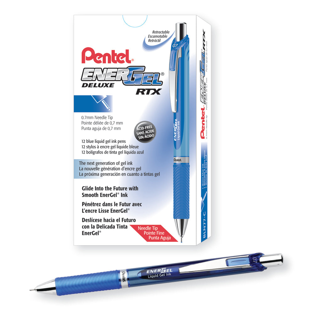 Pentel EnerGel Deluxe RTX Retractable Pens, Needle Point, 0.7 mm, Blue Barrel, Blue Ink, Pack Of 12 Pens