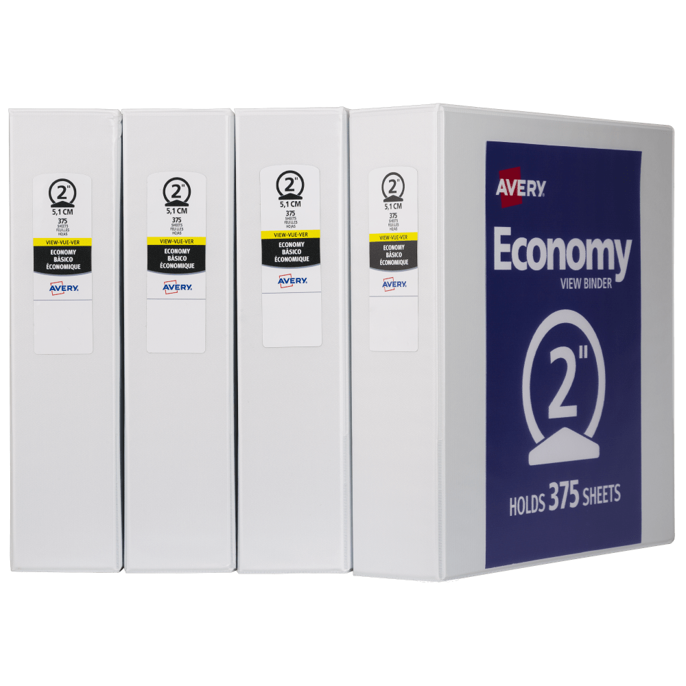 Avery Economy View 3 Ring Binders, 2in Round Rings, White, Pack Of 4