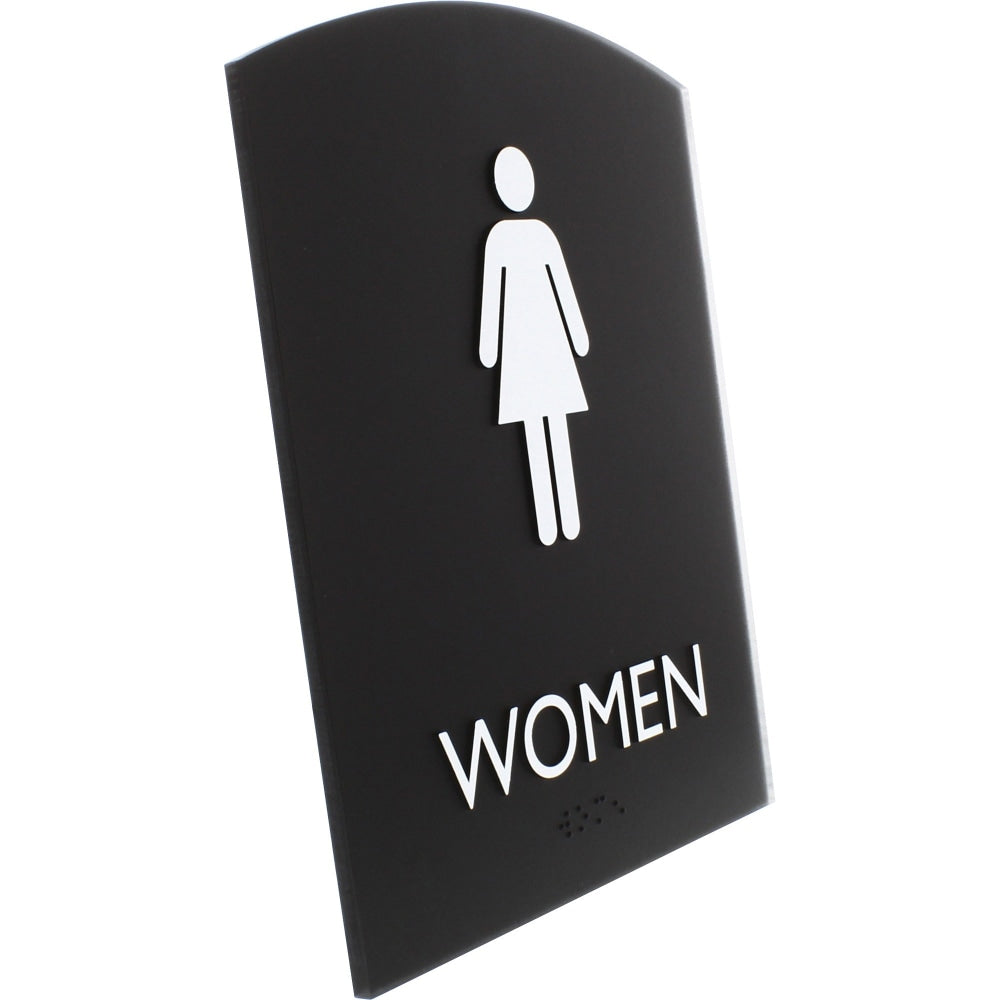 Lorell Arched Womens Restroom Sign - 1 Each - Women Print/Message - 6.8in Width x 8.5in Height - Rectangular Shape - Surface-mountable - Easy Readability, Braille - Plastic - Black