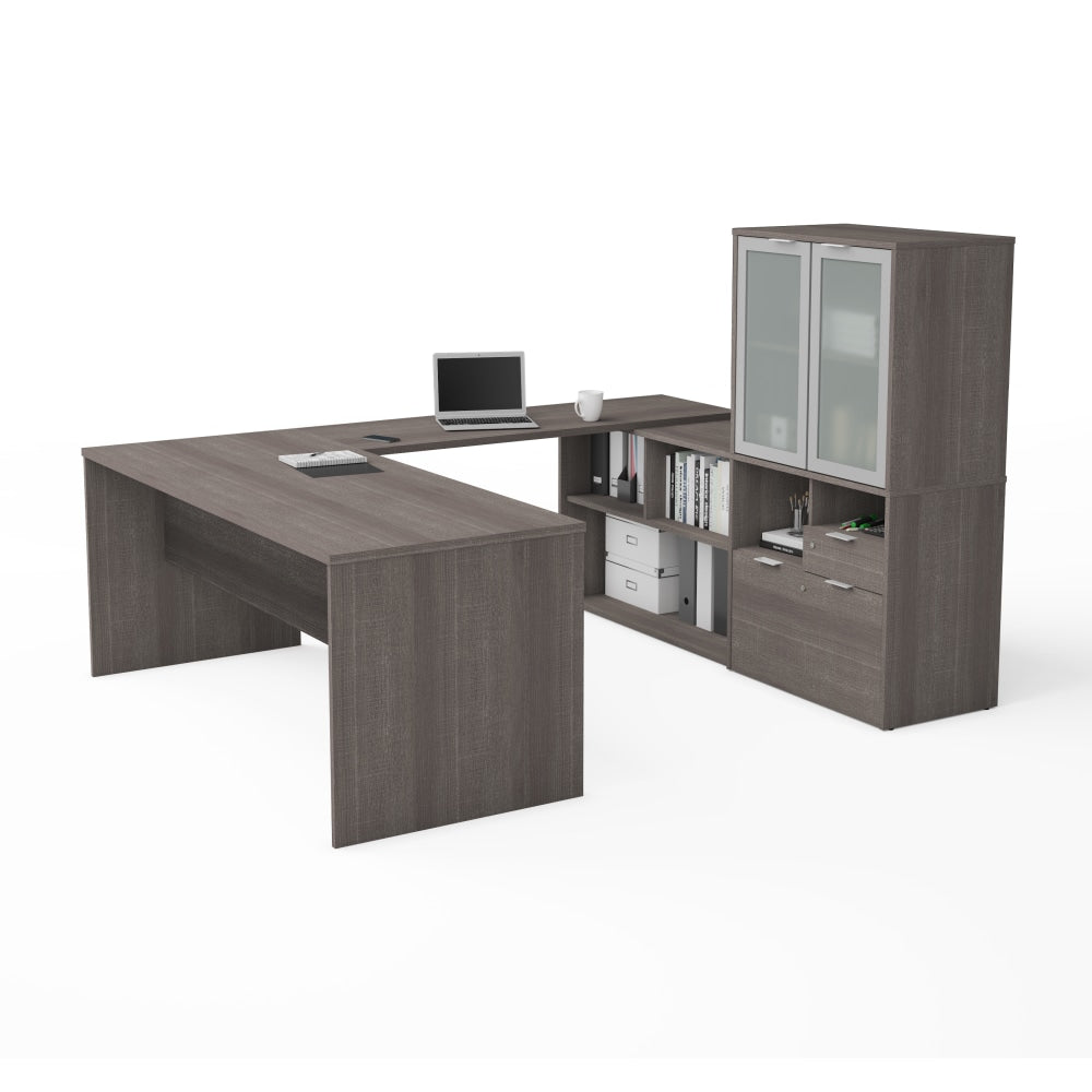 Bestar i3 Plus 72inW U-Shaped Executive Computer Desk With Frosted Glass Doors Hutch, Bark Gray