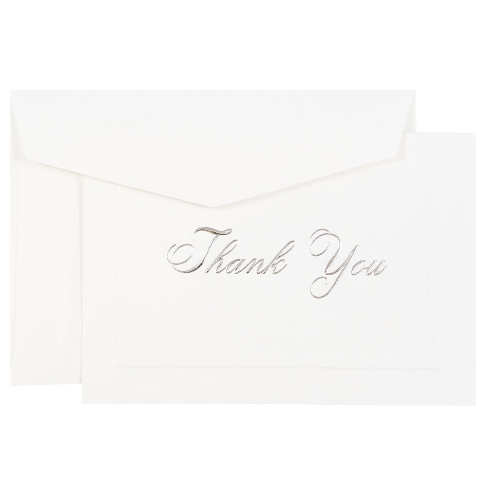 JAM Paper Thank You Card Set, 4 7/8in x 3 3/8in, 80 Lb, Bright White/Silver Script, Set Of 104 Cards And 100 Envelopes