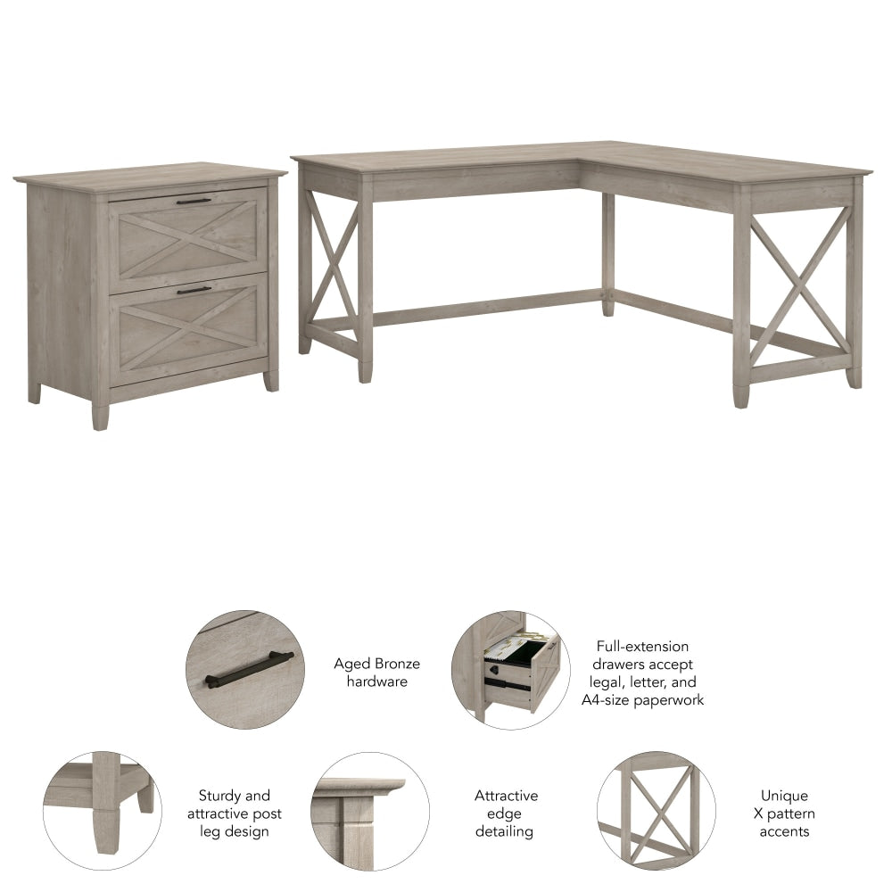 Bush Business Furniture Key West 60inW L-Shaped Corner Desk With Lateral File Cabinet, Washed Gray, Standard Delivery