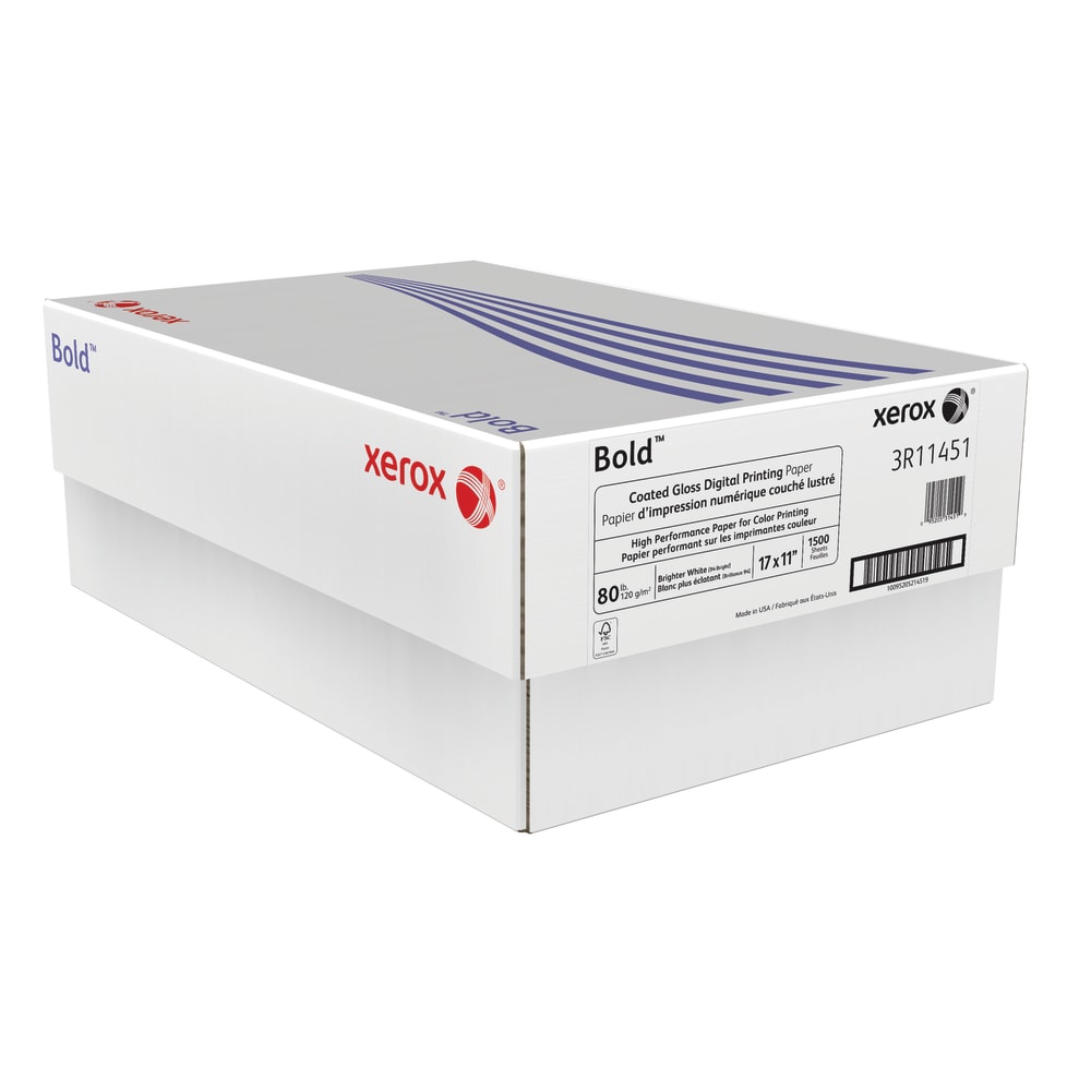 Xerox Bold Digital Coated Gloss Printing Paper, Ledger Size (11in x 17in), 94 (U.S.) Brightness, 80 Lb Text (120 gsm), FSC Certified, White, 500 Sheets Per Ream, Case Of 3 Reams