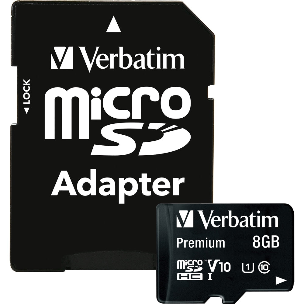 Verbatim 8GB Premium microSDHC Memory Card with Adapter, UHS-I Class 10 - Class 10 - 80MBps Read - 80MBps Write1 Pack