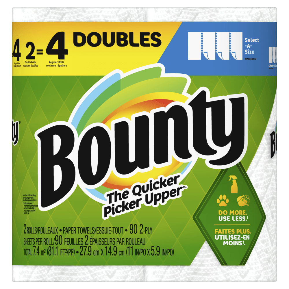 Bounty Select-A-Size 2-Ply Paper Towels, Double Roll, 11in x 6in, White, 90 Sheets Per Roll, Pack Of 2 Rolls