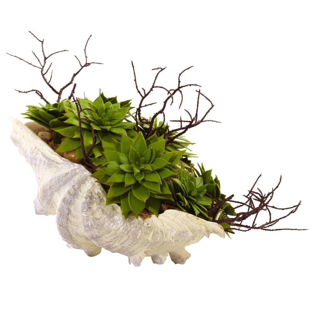 Nearly Natural Succulent 7inH Plastic Garden With Seashell Holder, 7inH x 11inW x 7inD, Green