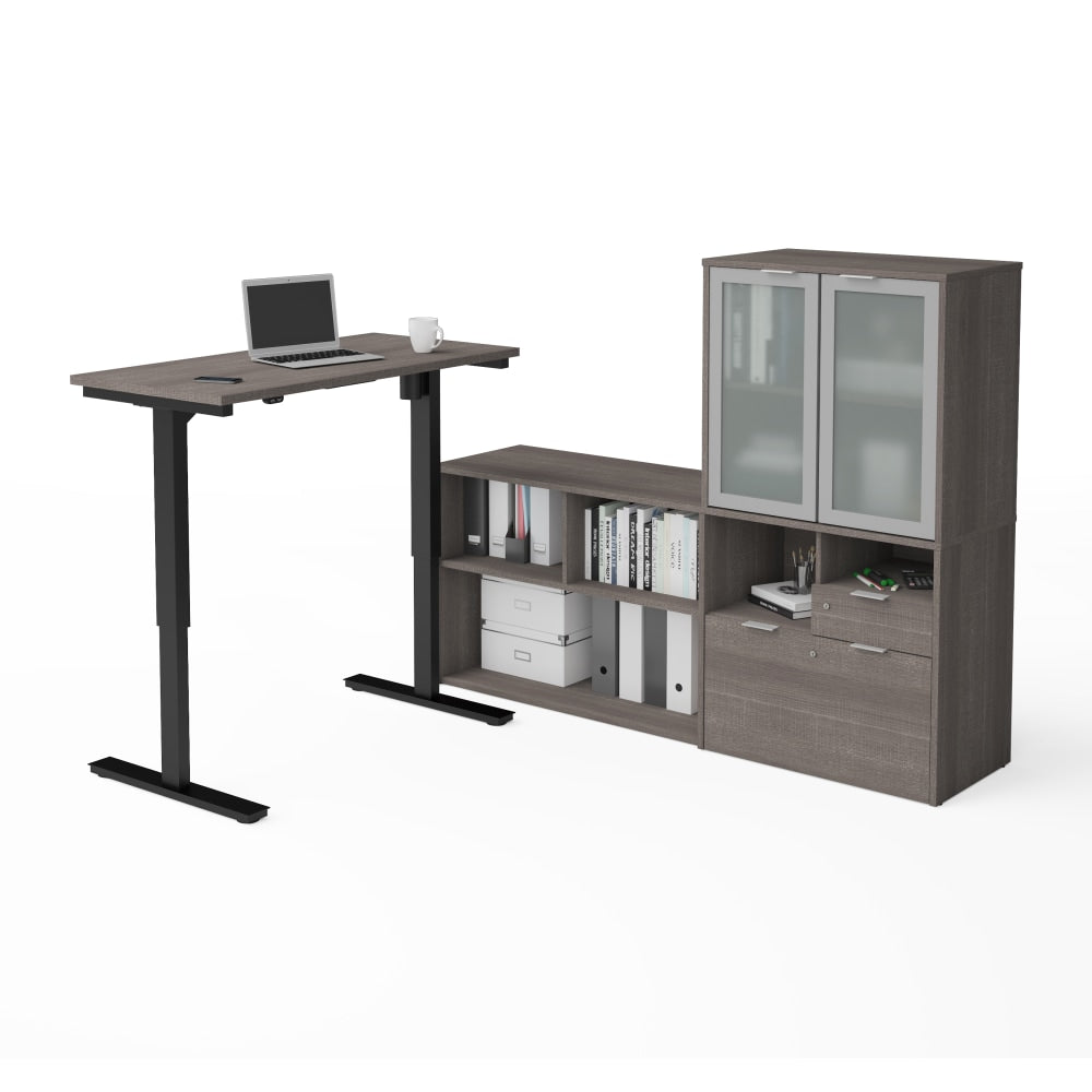 Bestar i3 Plus 72inW L-Shaped Standing Corner Desk And Hutch With Frosted Glass Doors, Bark Gray