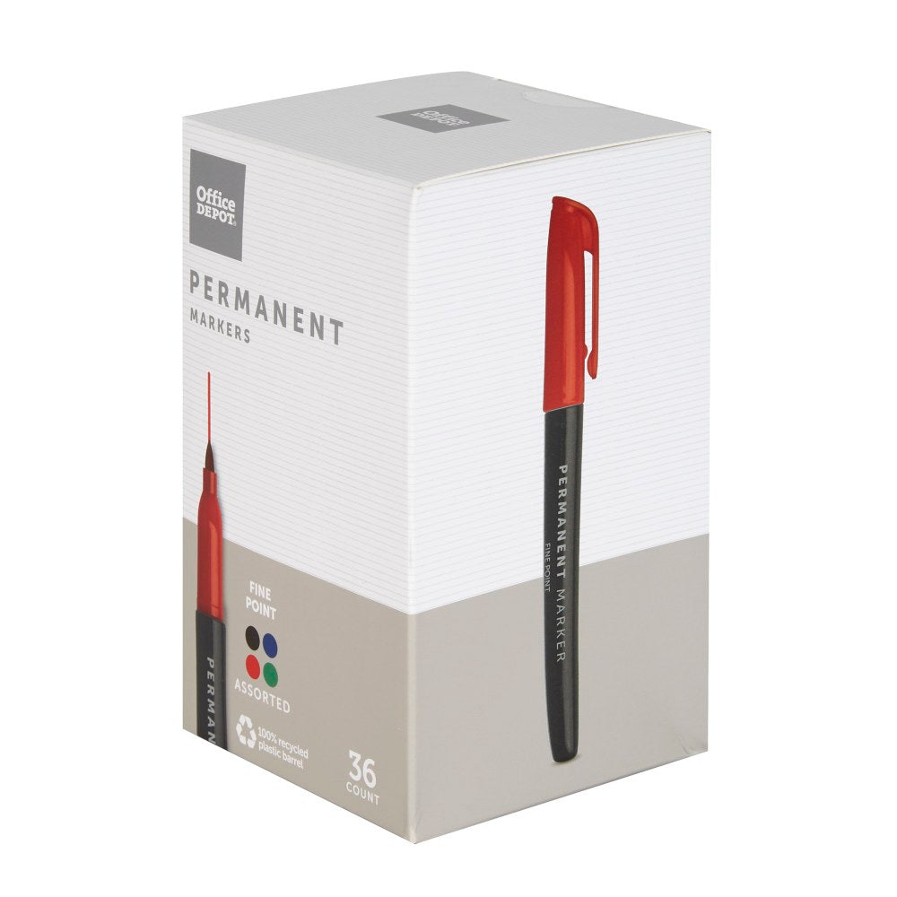 Office Depot Brand Permanent Markers, Fine Point, 100% Recycled Plastic Barrel, Assorted Ink Colors, Pack Of 36