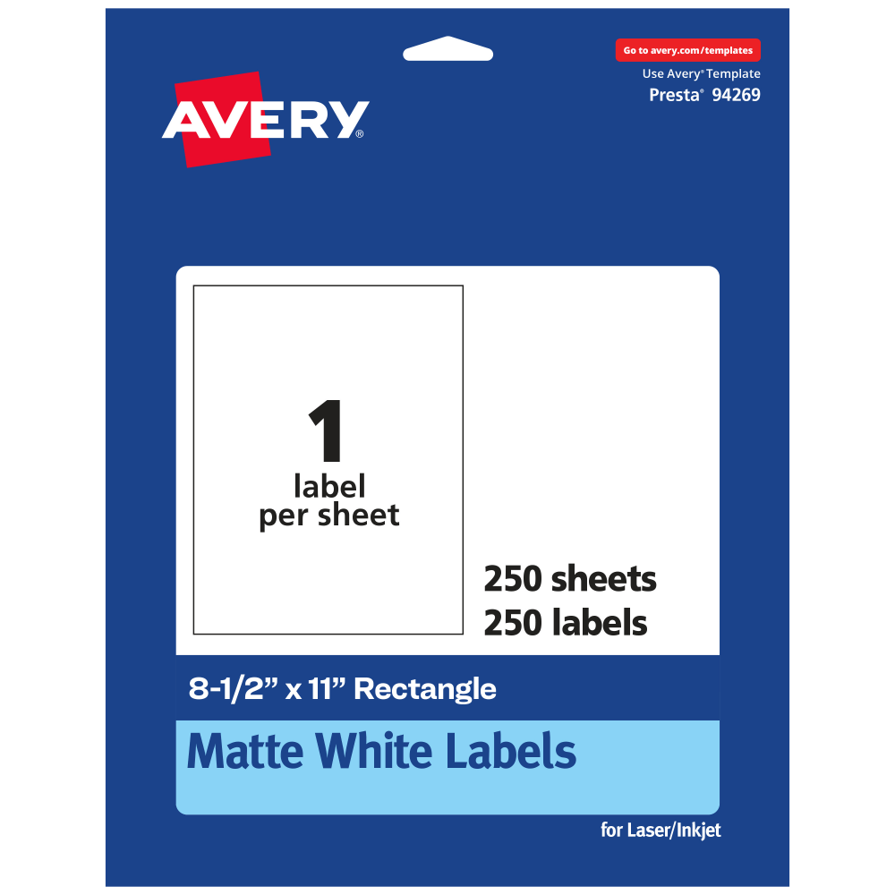 Avery Permanent Labels, 94269-WMP250, Rectangle, 8-1/2in x 11in, White, Pack Of 250