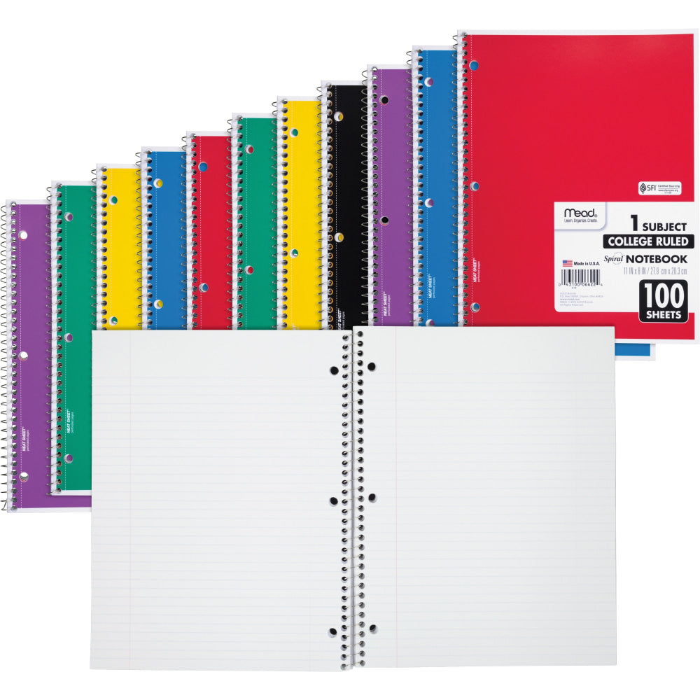 Mead Spiral Notebooks, 1 Subject, College Ruled, 100 Sheets, Assorted, Pack Of 12